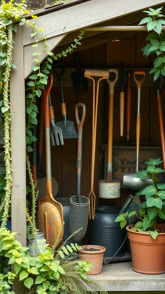 25 Inspiring Potting Shed Interior Ideas for Garden Lovers 7 Display of vintage garden tools in a potting shed, surrounded by greenery.