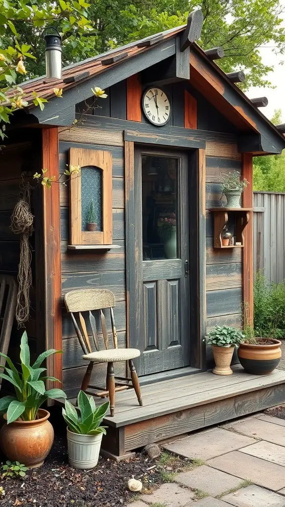 A vintage shed made of wood with rustic charm, featuring a porch, a clock, and surrounding plants.