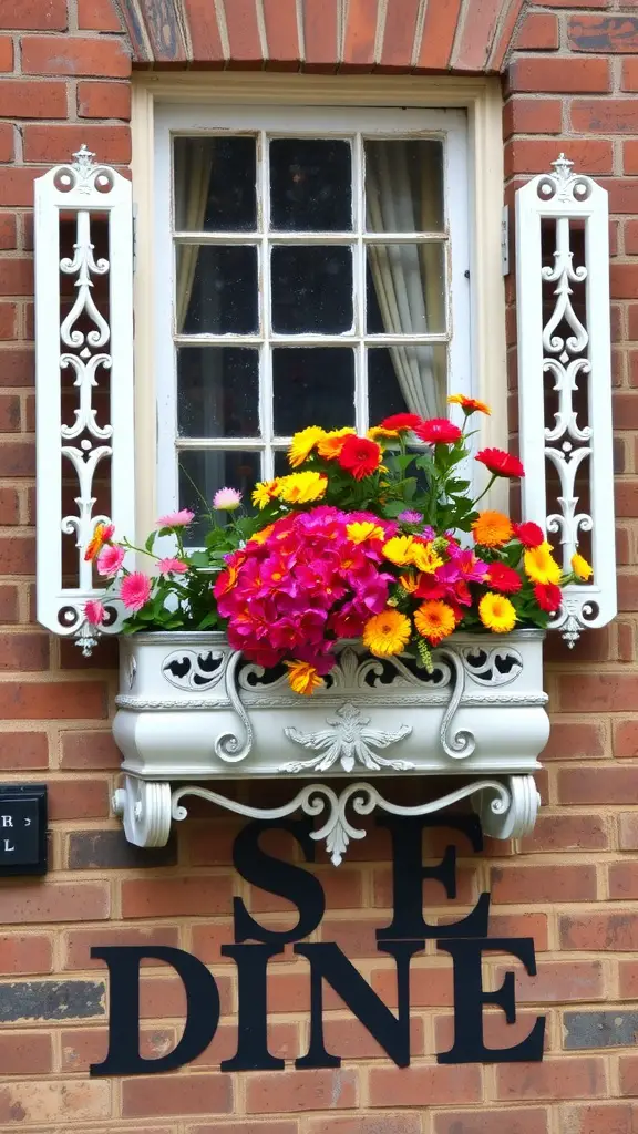 A vintage style cast iron window box filled with colorful flowers, mounted beneath a window with white shutters on a brick wall.