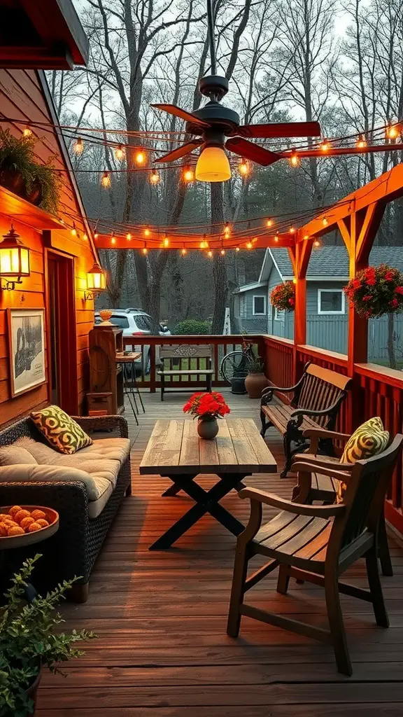 A vintage-style deck featuring rustic furniture, warm lighting, and greenery.