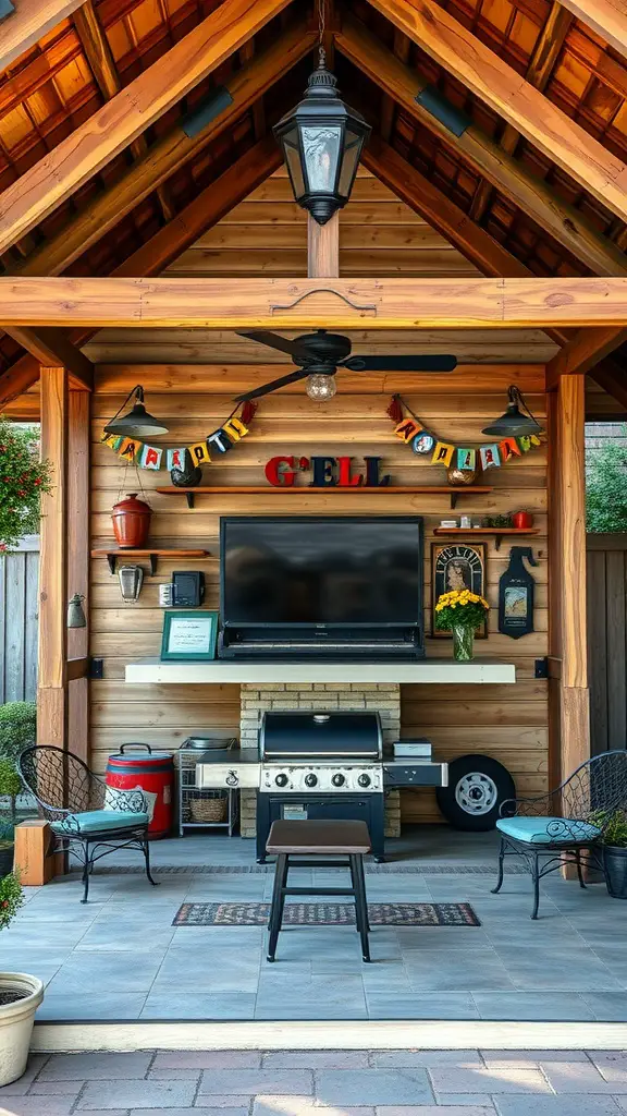A vintage style grill pavilion with a wooden structure, grill, seating area, and decorative elements.