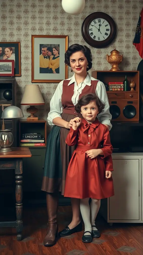21 Creative Mother's Day Photo Shoot Ideas to Capture Precious Moments 24 A mother and daughter dressed in vintage outfits in a retro-styled room
