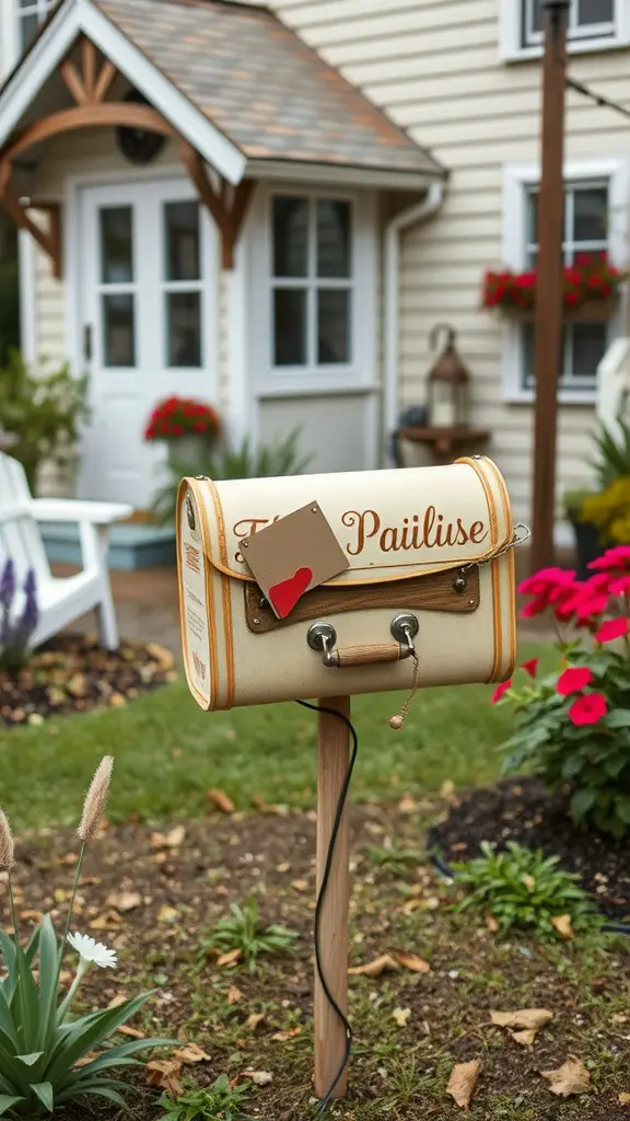 21 Creative DIY Mailbox Post Ideas for a Unique Curb Appeal 6 A vintage suitcase mailbox on a wooden post in a colorful garden