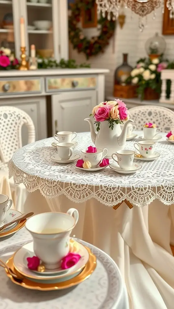 A beautifully set vintage tea party table featuring lace, fine china, and pastel roses.