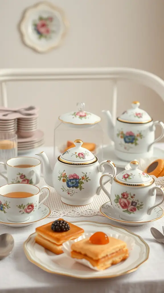 23 Elegant Mother's Day Dinner Decor Ideas to Celebrate Mom 8 A vintage tea party setup with floral china, a teapot, and pastries.
