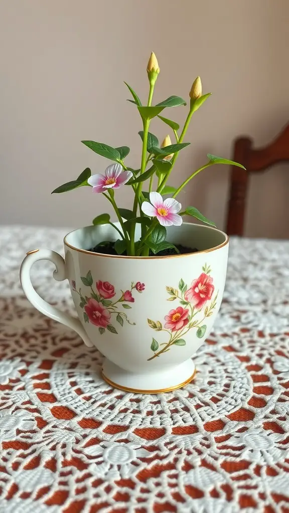 A vintage teacup with floral designs, used as a plant pot, containing green leaves and small flowers.