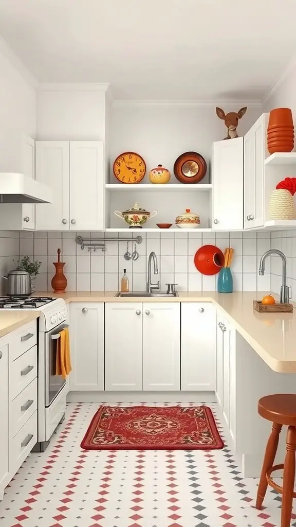 29 Stunning White Kitchen Ideas for a Fresh and Modern Look 15 A vintage white kitchen featuring retro appliances, colorful dishware, and a patterned floor.