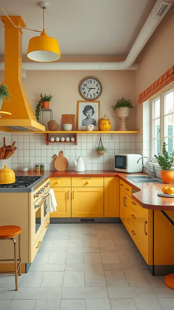 25 Bright and Cheerful Yellow Kitchen Ideas for a Sunny Home 15 A vintage yellow kitchen featuring bright yellow cabinets, a retro stove, and cozy decor.