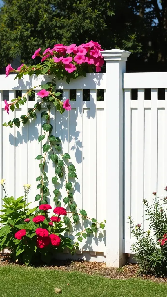 A white vinyl lattice fence with vibrant pink flowers climbing on it and colorful flowers in front.