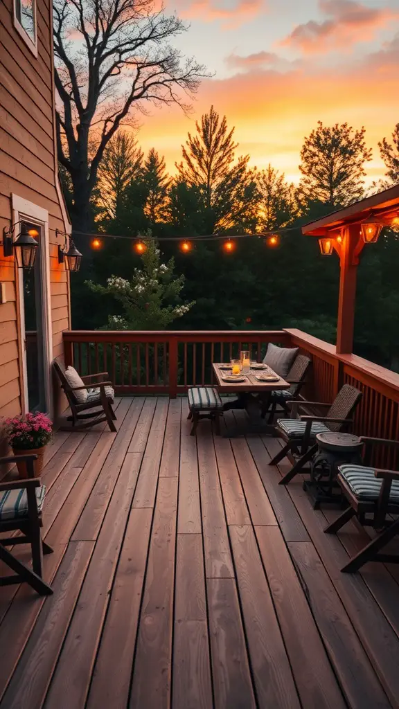 A cozy deck stained in warm honey color, with chairs and a table, glowing under string lights at sunset.