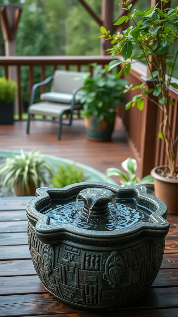 A decorative water fountain on a wooden deck surrounded by plants and furniture.