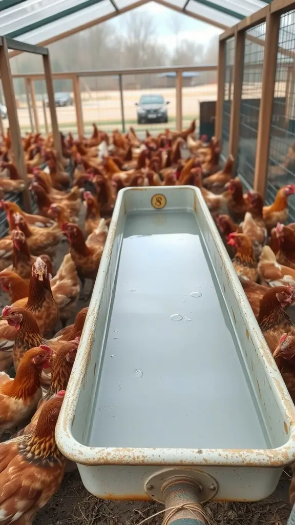 A water trough filled with clear water surrounded by chickens in a spacious enclosure.