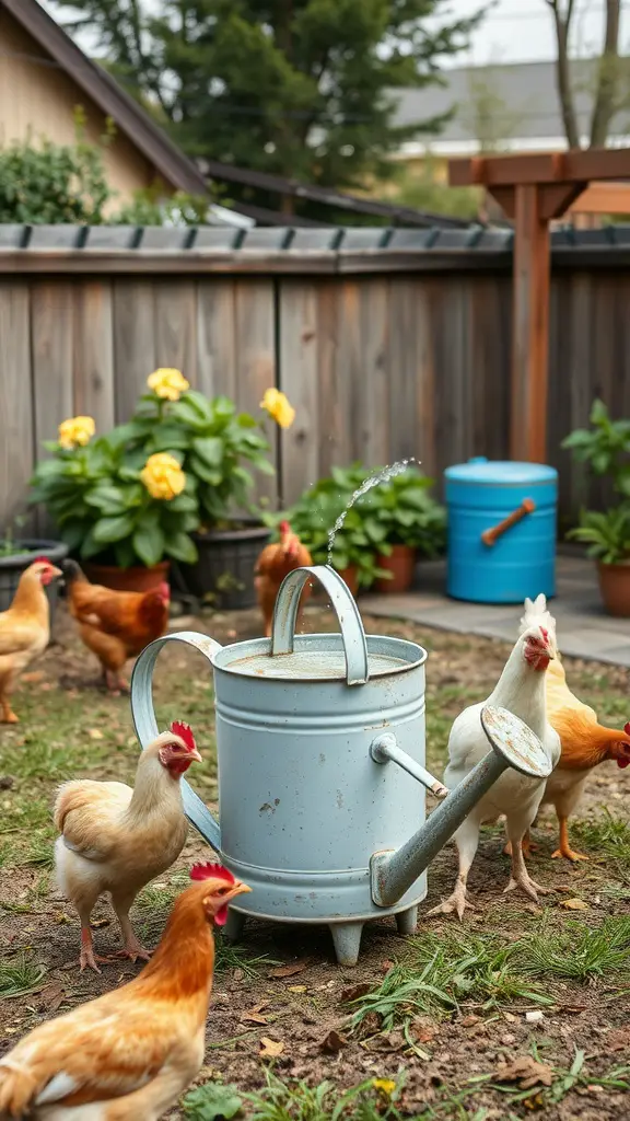 A blue watering can surrounded by chickens in a backyard setting.
