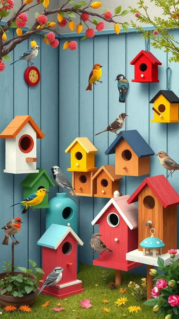 A colorful display of birdhouses on a blue wall, surrounded by birds and plants