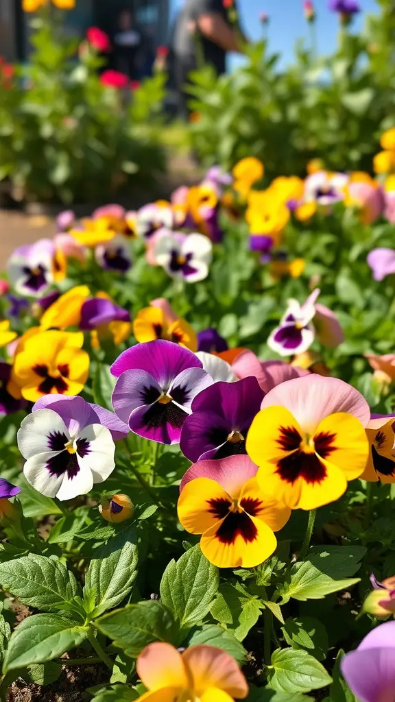 29 Must-See Summer Flower Ideas for Your Garden 10 Colorful pansies in a garden, showcasing a variety of hues including purple, yellow, and white.