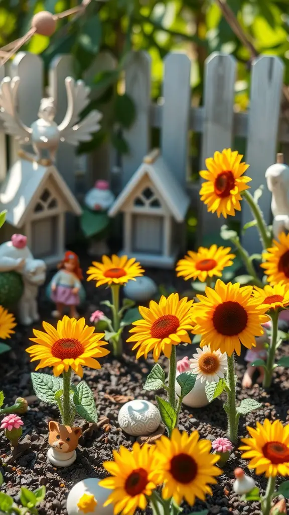 A whimsical fairy garden filled with sunflowers, miniature houses, and playful figurines.