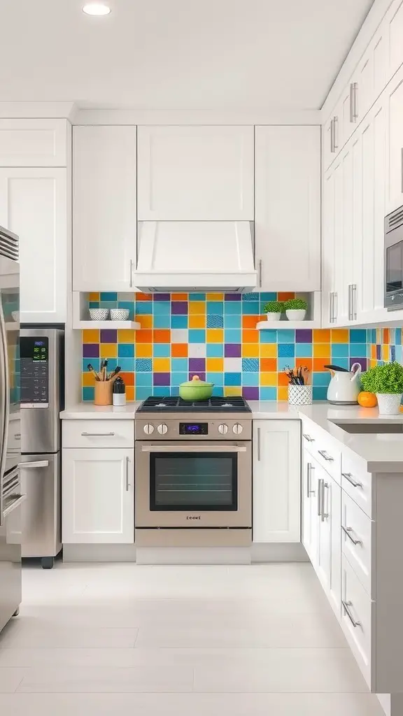 29 Stunning White Kitchen Ideas for a Fresh and Modern Look 18 A bright white kitchen with a colorful tiled backsplash, featuring modern appliances and cheerful decor.