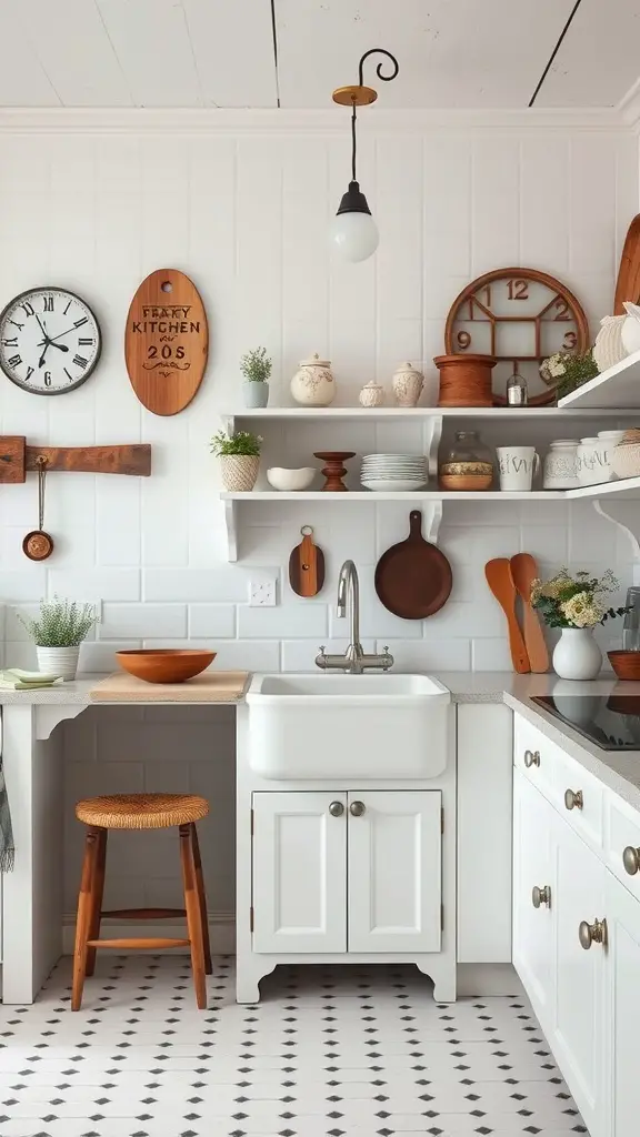 29 Stunning White Kitchen Ideas for a Fresh and Modern Look 31 A charming white kitchen with vintage elements, featuring open shelves, a farmhouse sink, and rustic decor.