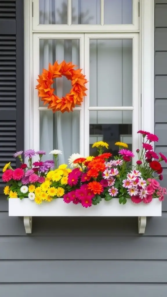 A window box overflowing with colorful annual flowers beneath a window, complemented by an orange wreath above.