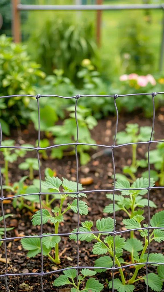 Wire mesh fence surrounding a young plant garden