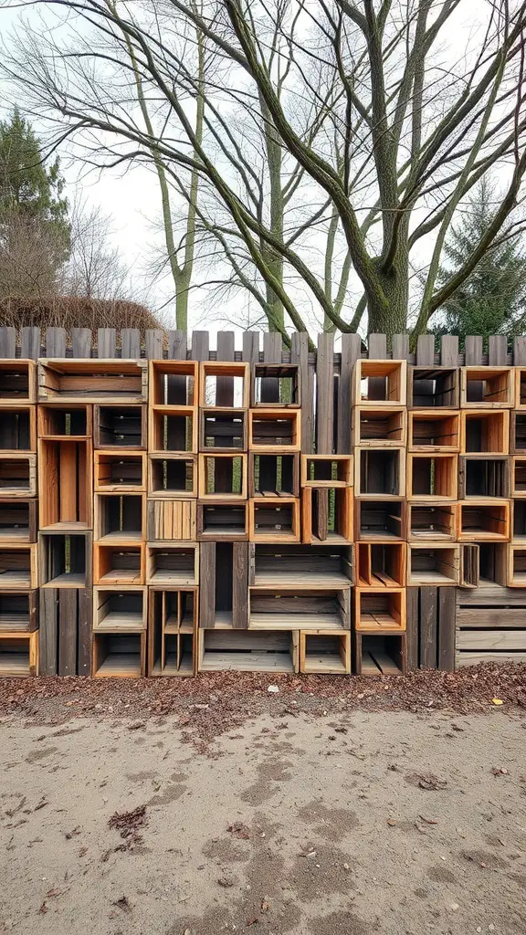 Wood crate fence made from stacked wooden crates