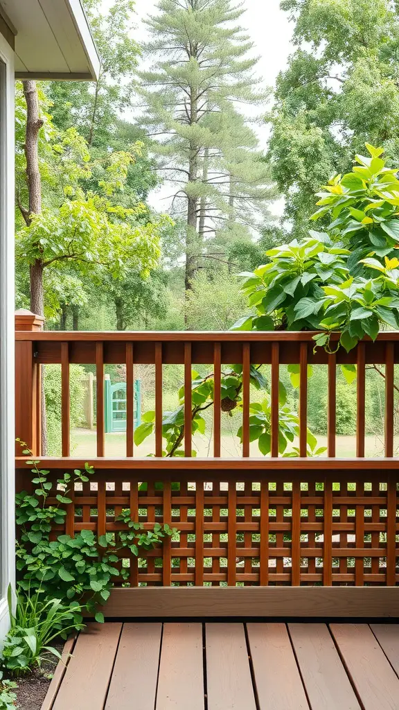 A wooden lattice panel under a deck with greenery surrounding it.