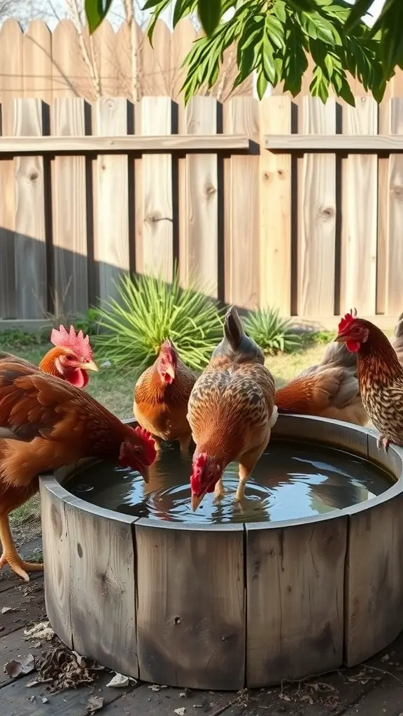 Chickens drinking from a wooden water station in a backyard setting.