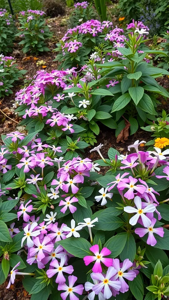 Colorful woodland phlox flowers in shades of pink and white, thriving in a garden setting.