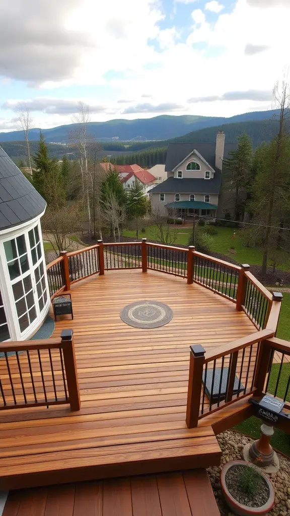 A wraparound deck with wooden flooring and railings, surrounded by trees and houses, offering a scenic view.