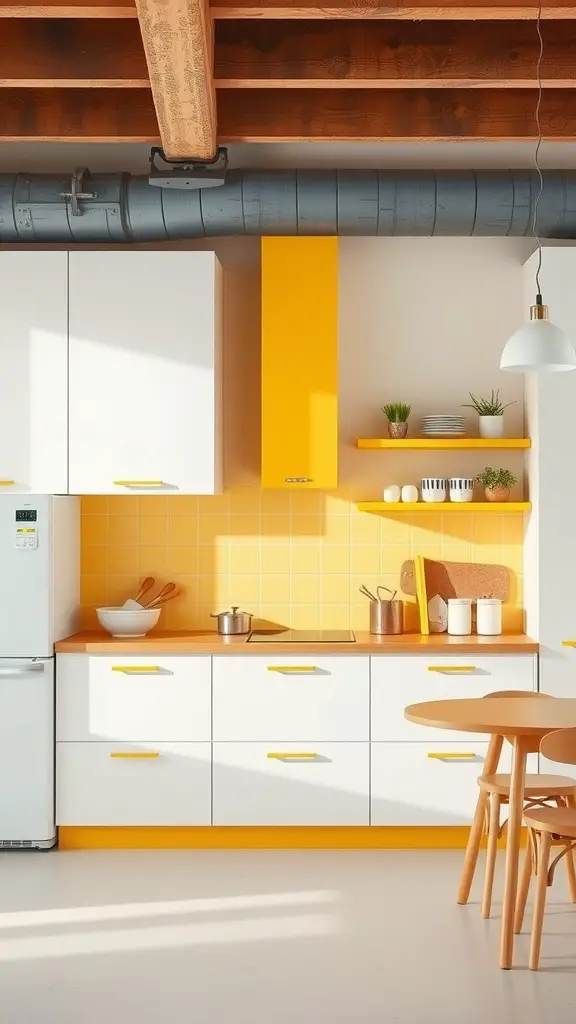 25 Bright and Cheerful Yellow Kitchen Ideas for a Sunny Home 10 A modern kitchen featuring yellow and white cabinetry with a wooden table and bright accents.