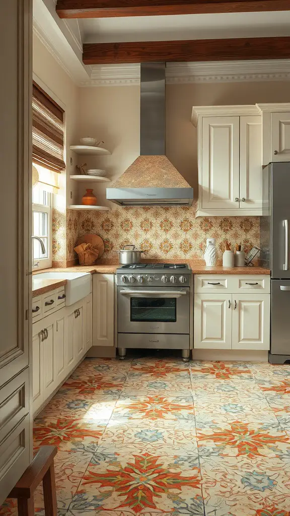 A warm kitchen featuring artistic floral tile patterns on the floor and backsplash, complemented by cream cabinetry and wooden beams.