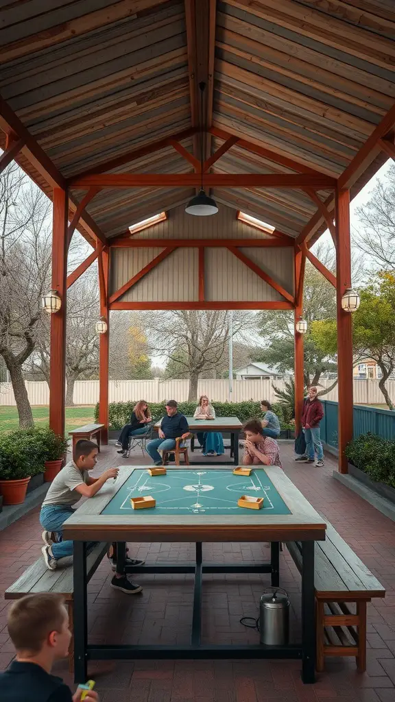 A spacious backyard game pavilion with a large table where adults and children are enjoying games and socializing.