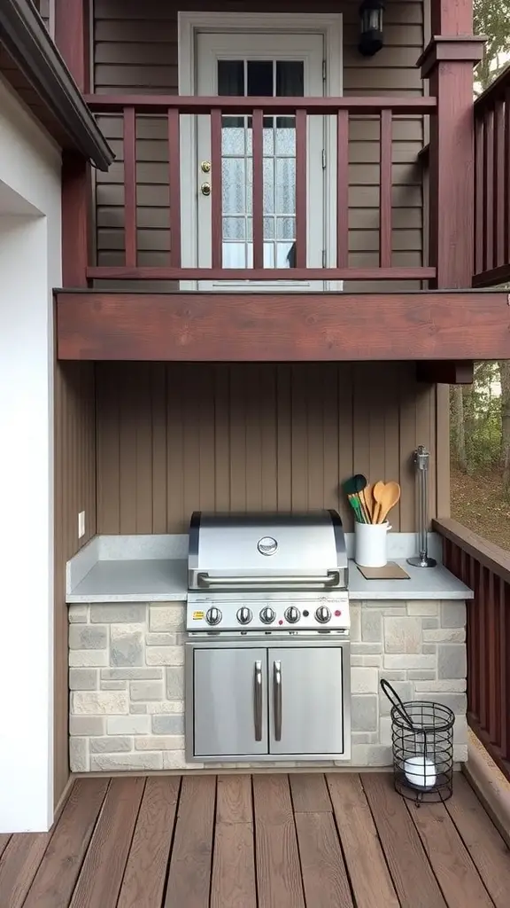 A modern barbecue station with a built-in grill and stone surround on a deck.