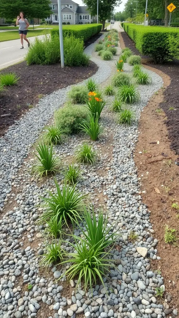 23 Innovative Gutter Drainage Ideas You Need to Try 11 A landscaped bioswale with gravel and various plants, designed to filter stormwater runoff.