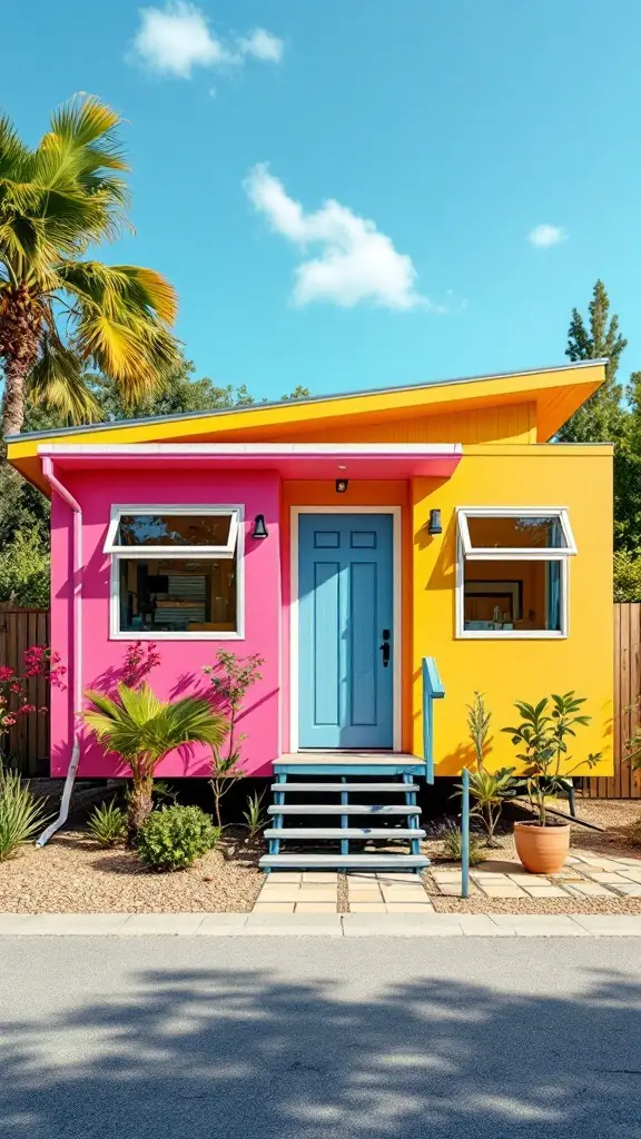 Vibrant mobile home with pink and yellow siding and a blue door