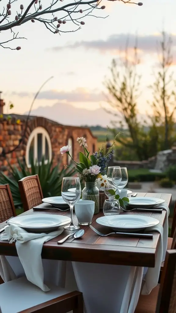 A beautifully set outdoor dinner table with white plates, glassware, and floral arrangements during a spring sunset.