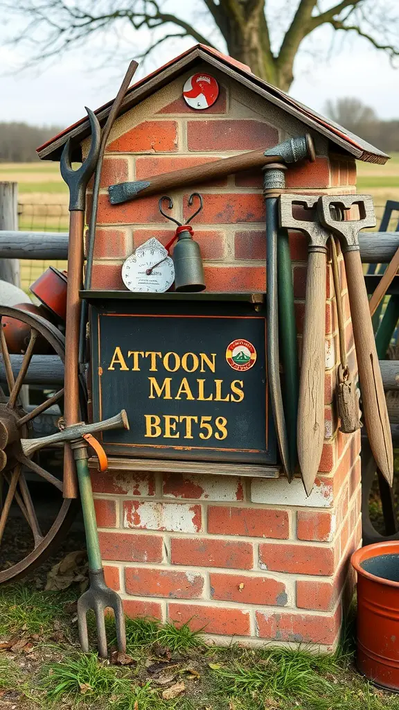 27 Creative Brick Mailbox Designs for Your Home 26 A brick mailbox decorated with vintage farm tools, including a fork, bell, and wooden handles, set in a rural background.