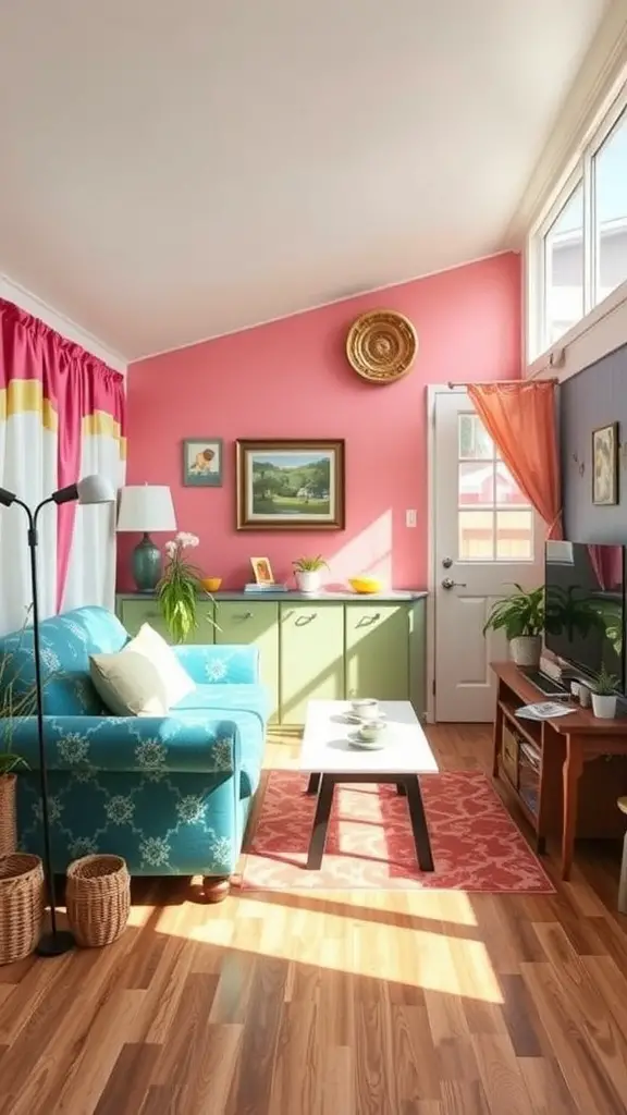 13 Stylish Singlewide Mobile Home Ideas for a Cozy Retreat 6 A cozy living room in a singlewide mobile home featuring pink walls, a teal sofa with a floral pattern, and colorful curtains.