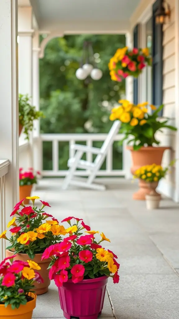 Vibrant pots of pink and yellow Calibrachoa flowers on a porch.