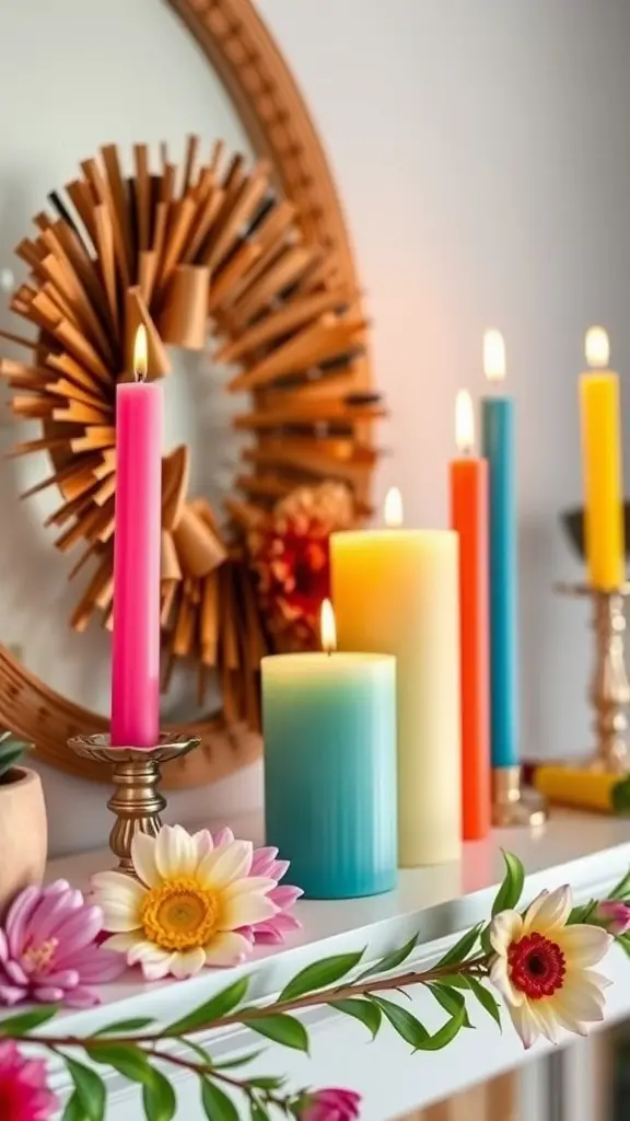 19 Creative Summer Mantel Decorating Ideas to Brighten Your Home 9 A vibrant summer mantel display featuring colorful candles and flowers.