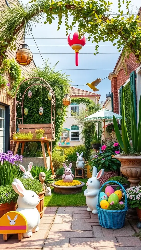 21 Cozy Easter Cottage Decor Ideas for a Charming Spring Look! 21 A vibrant outdoor garden decorated for Easter with colorful bunnies, flowers, and lanterns.