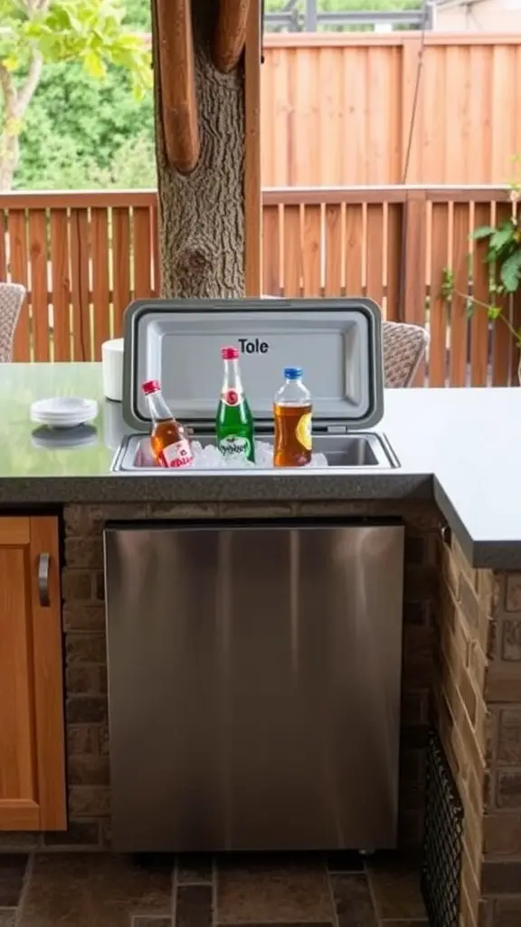 A built-in cooler with drinks on ice in a backyard kitchen.
