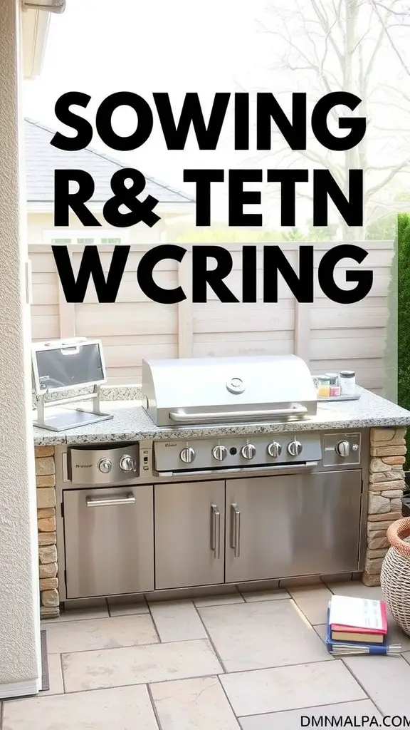 A stylish built-in grilling station with a stainless steel grill and stone cabinetry, surrounded by greenery.