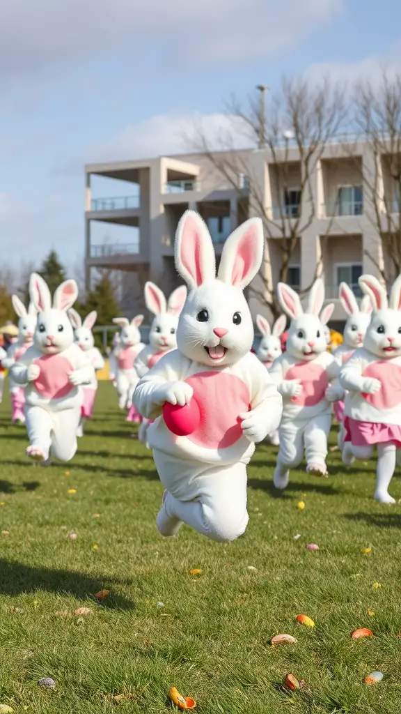 17 Fun Easter Games for Kids and Adults 7 A lively group of people in bunny costumes participating in a Bunny Hop Relay Race.