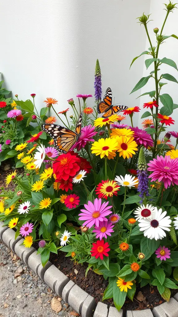 A colorful flower bed with butterflies and various flowers, designed to attract pollinators.