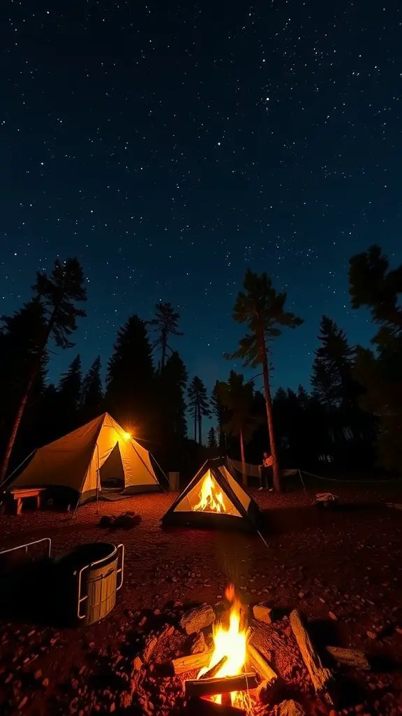 A beautiful campsite under a starry night sky with a glowing campfire and tents.