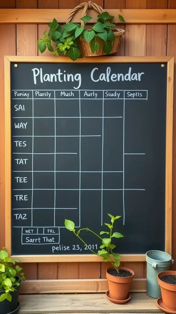 Chalkboard planting calendar with sections for different planting months
