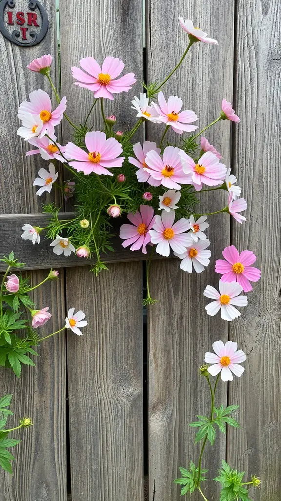 A cluster of pink and white cosmos flowers growing against a rustic wooden fence.