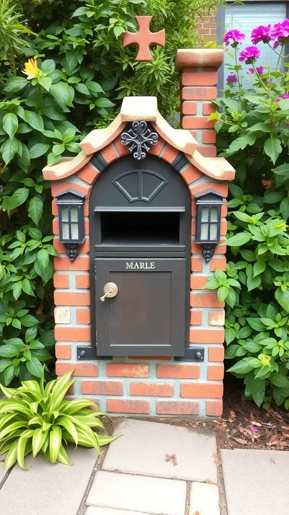 27 Creative Brick Mailbox Designs for Your Home 5 A charming cottage-style brick mailbox with a black mailbox door, decorative cross on top, flanked by lanterns and surrounded by greenery and flowers.