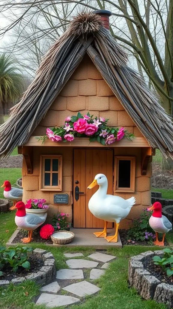 25 Creative Duck House Ideas for Your Backyard 11 A charming cottage-style duck house with a thatched roof, surrounded by decorative ducks and flowers.